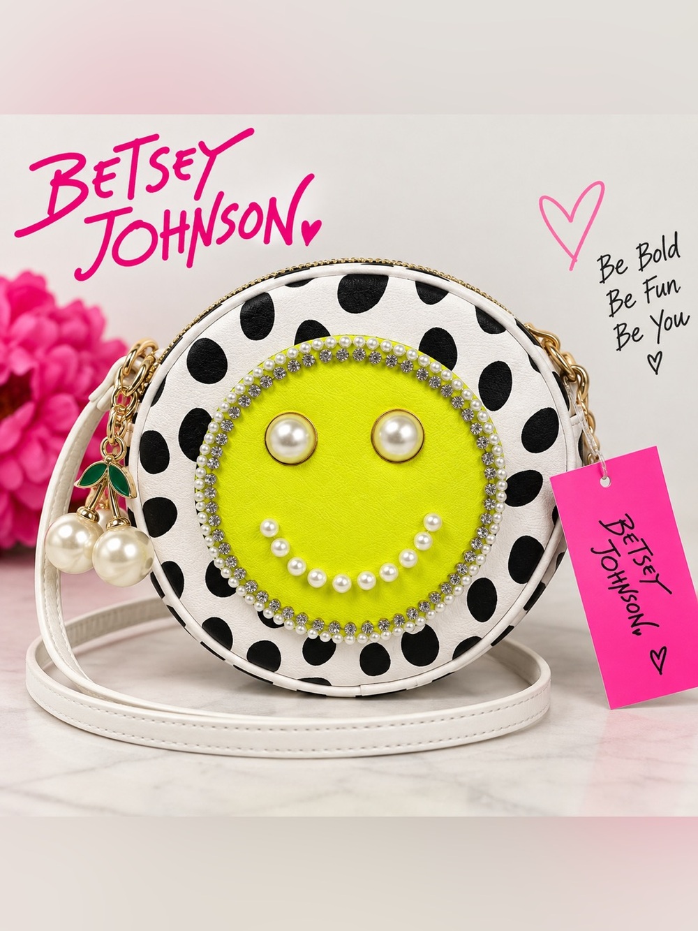 Betsey Johnson White & Black Polka Dot Crossbody with Neon Yellow Smiley